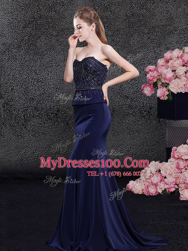 Flirting Mermaid Sweetheart Sleeveless With Brush Train Beading Navy Blue Satin