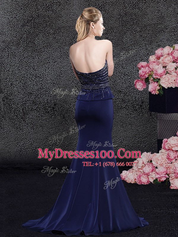 Flirting Mermaid Sweetheart Sleeveless With Brush Train Beading Navy Blue Satin