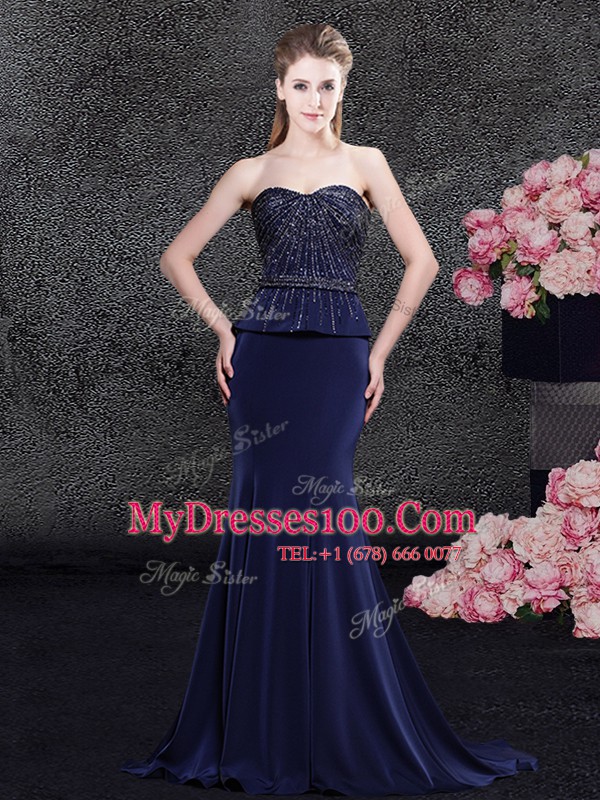 Flirting Mermaid Sweetheart Sleeveless With Brush Train Beading Navy Blue Satin