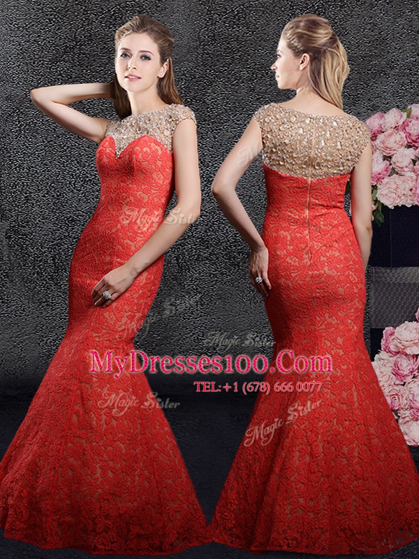 Elegant Mermaid Cap Sleeves Zipper Floor Length Beading and Lace Prom Party Dress