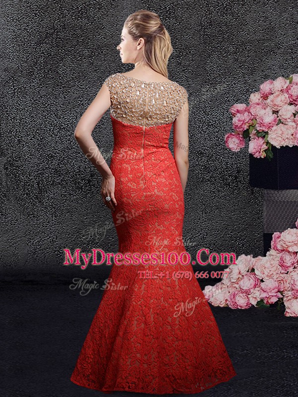 Elegant Mermaid Cap Sleeves Zipper Floor Length Beading and Lace Prom Party Dress