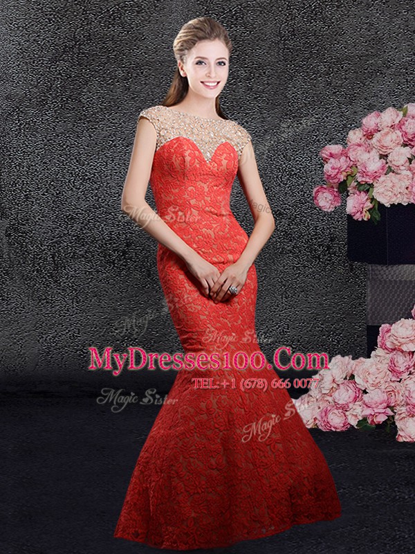 Elegant Mermaid Cap Sleeves Zipper Floor Length Beading and Lace Prom Party Dress