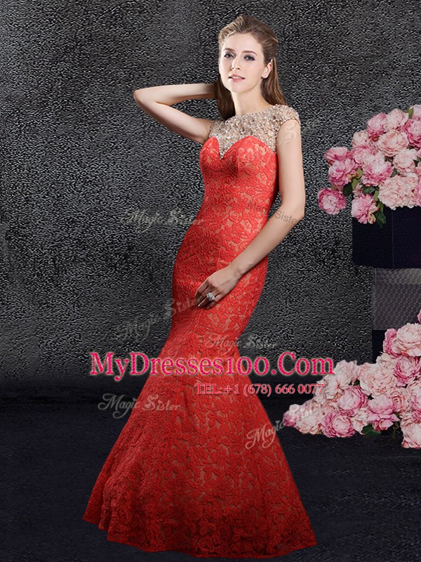 Elegant Mermaid Cap Sleeves Zipper Floor Length Beading and Lace Prom Party Dress