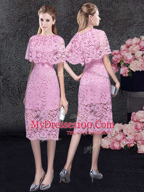 Custom Design Pink Scoop Neckline Lace Homecoming Dress Half Sleeves Zipper