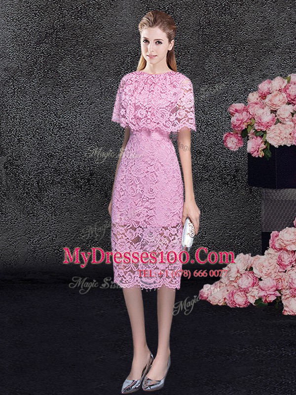 Custom Design Pink Scoop Neckline Lace Homecoming Dress Half Sleeves Zipper
