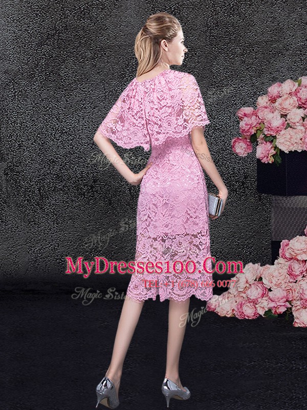Custom Design Pink Scoop Neckline Lace Homecoming Dress Half Sleeves Zipper