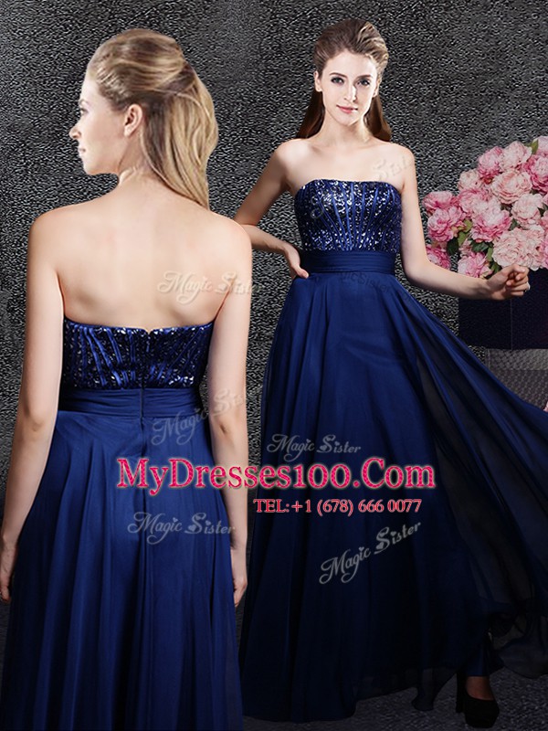 Hot Sale Navy Blue Sleeveless Sequins Floor Length Prom Evening Gown