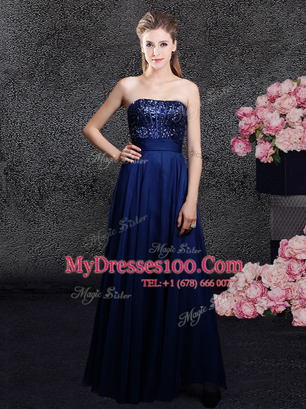 Hot Sale Navy Blue Sleeveless Sequins Floor Length Prom Evening Gown