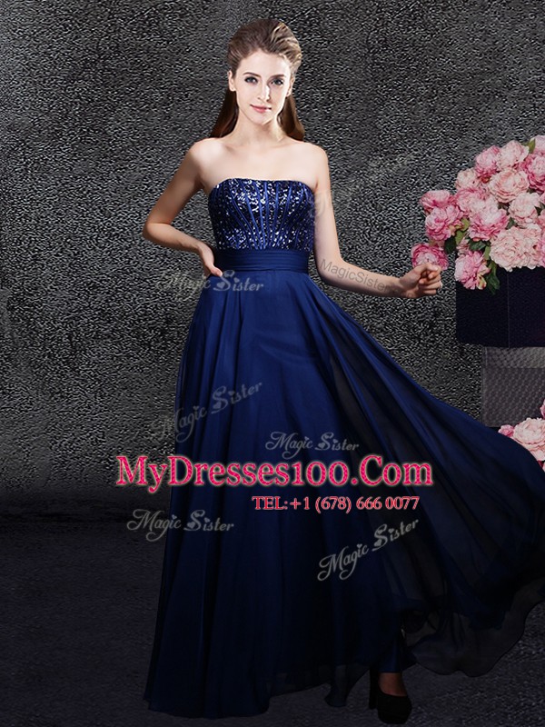 Hot Sale Navy Blue Sleeveless Sequins Floor Length Prom Evening Gown