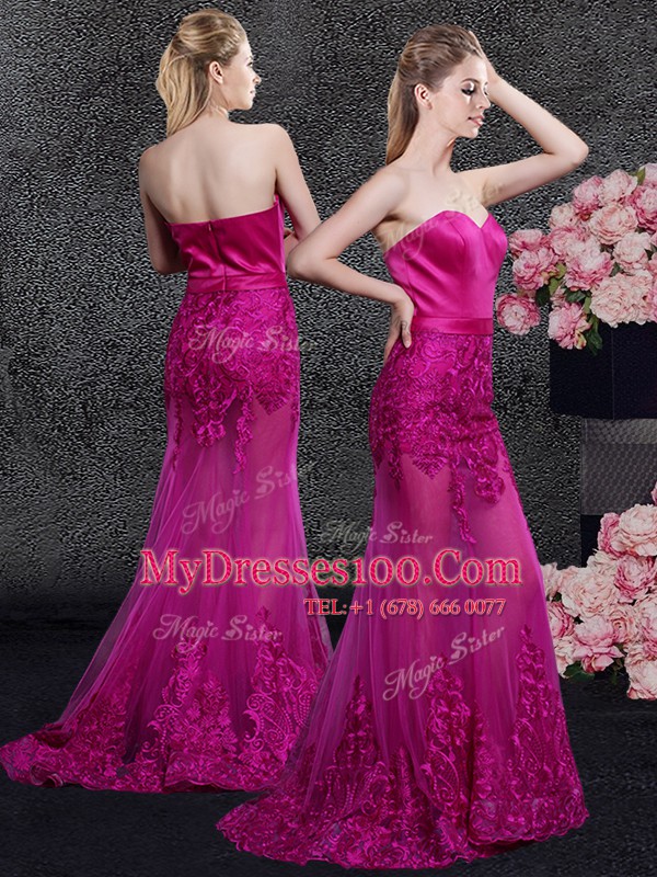 Mermaid Sweetheart Sleeveless Satin and Tulle Evening Dress Lace and Appliques Sweep Train Zipper