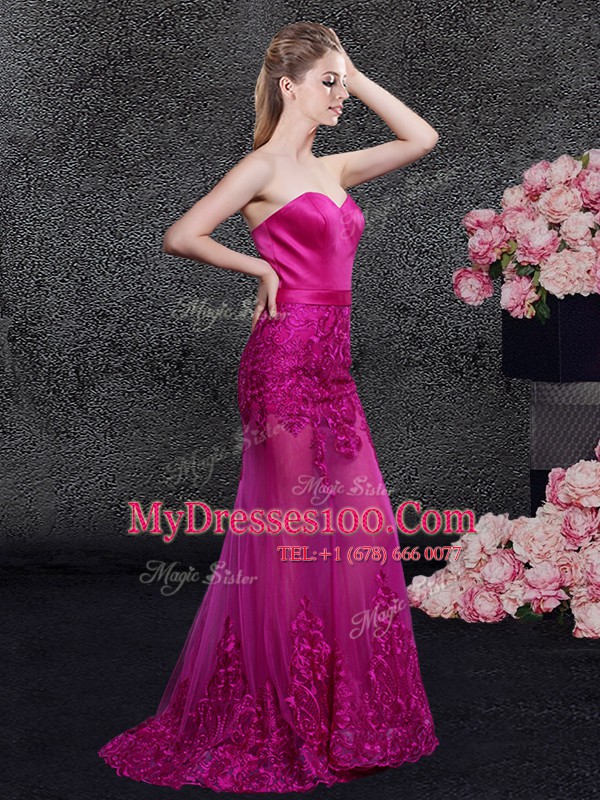 Mermaid Sweetheart Sleeveless Satin and Tulle Evening Dress Lace and Appliques Sweep Train Zipper