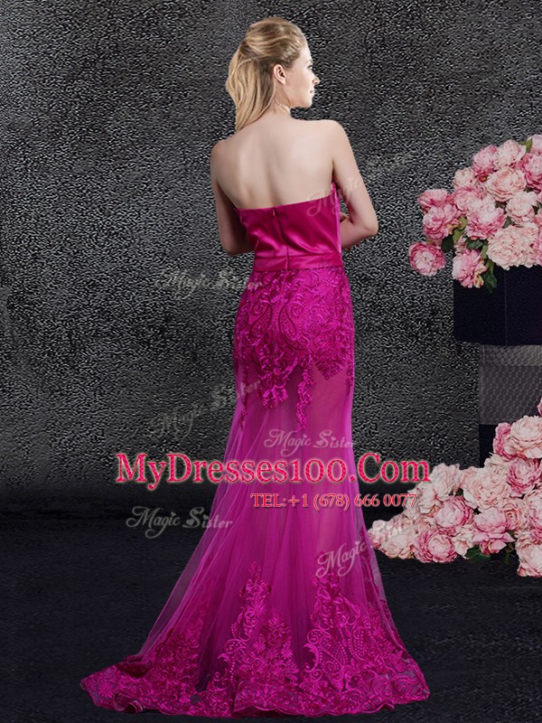 Mermaid Sweetheart Sleeveless Satin and Tulle Evening Dress Lace and Appliques Sweep Train Zipper