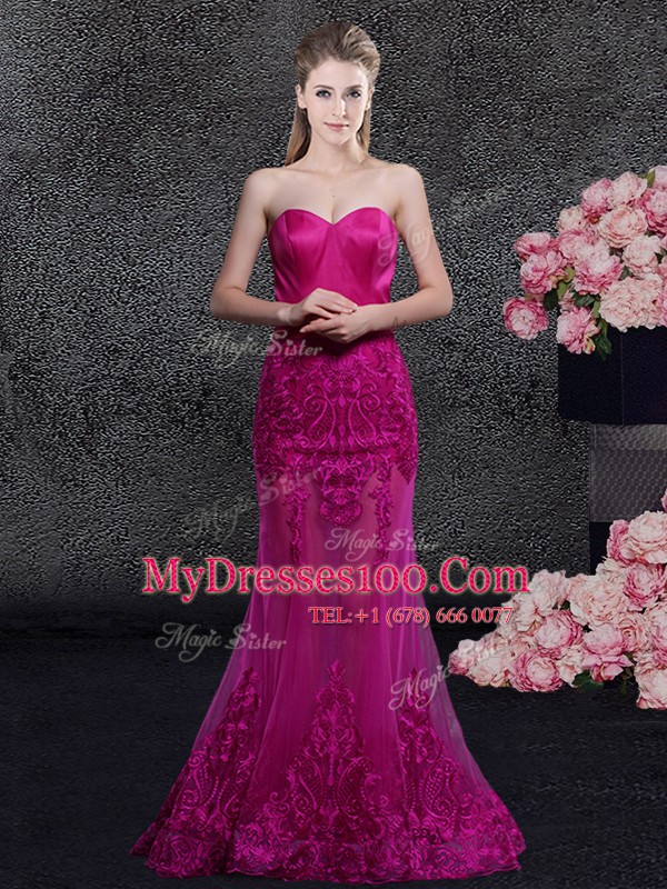 Mermaid Sweetheart Sleeveless Satin and Tulle Evening Dress Lace and Appliques Sweep Train Zipper