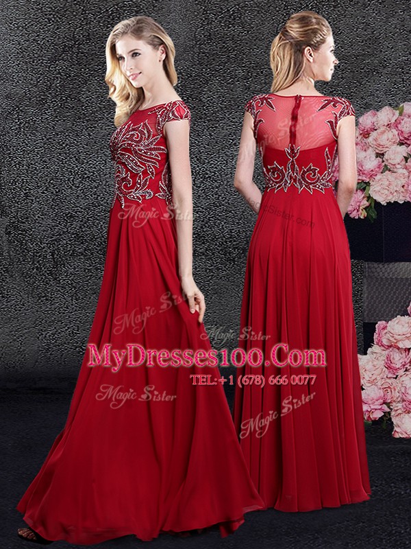 Scoop Cap Sleeves Zipper Prom Dress Red Chiffon