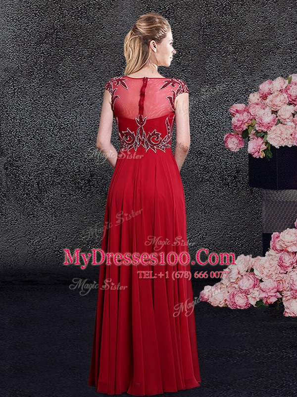 Scoop Cap Sleeves Zipper Prom Dress Red Chiffon