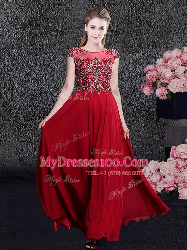 Scoop Cap Sleeves Zipper Prom Dress Red Chiffon