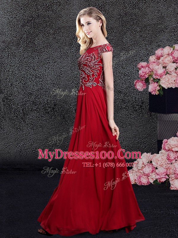 Scoop Cap Sleeves Zipper Prom Dress Red Chiffon