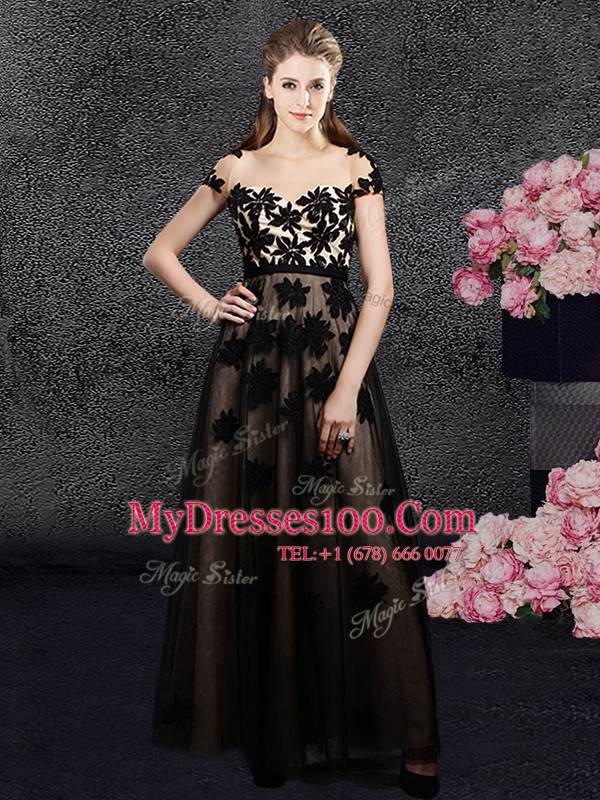 Black Short Sleeves Ankle Length Appliques Backless Prom Party Dress