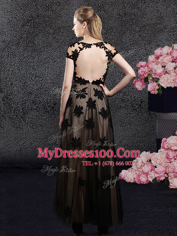 Black Short Sleeves Ankle Length Appliques Backless Prom Party Dress