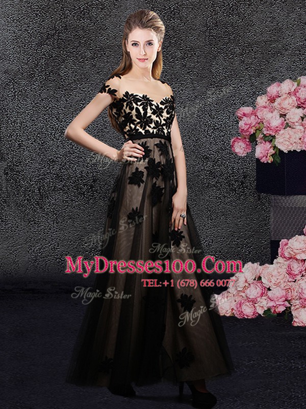 Black Short Sleeves Ankle Length Appliques Backless Prom Party Dress