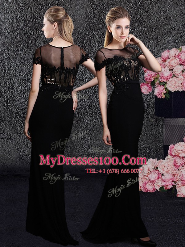 Black Column/Sheath Scoop Short Sleeves Elastic Woven Satin With Train Sweep Train Zipper Appliques and Sequins Prom Evening Gown
