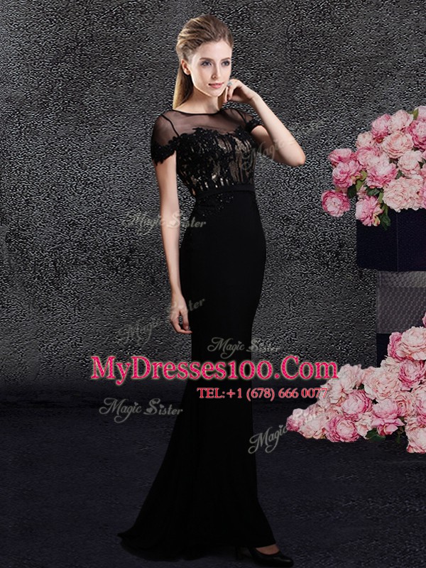 Black Column/Sheath Scoop Short Sleeves Elastic Woven Satin With Train Sweep Train Zipper Appliques and Sequins Prom Evening Gown