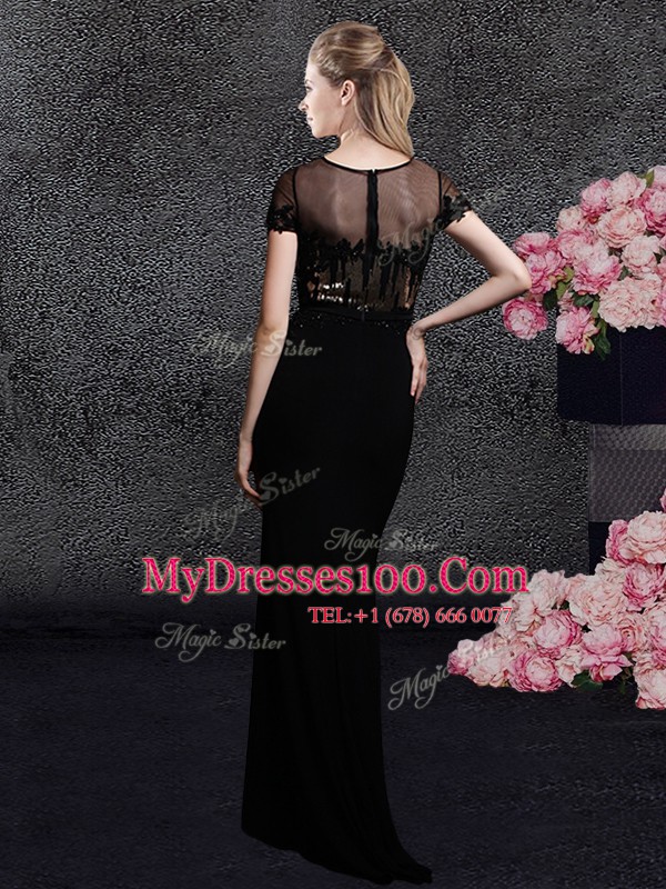 Black Column/Sheath Scoop Short Sleeves Elastic Woven Satin With Train Sweep Train Zipper Appliques and Sequins Prom Evening Gown