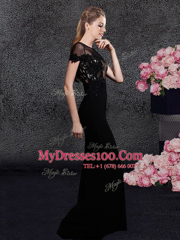 Black Column/Sheath Scoop Short Sleeves Elastic Woven Satin With Train Sweep Train Zipper Appliques and Sequins Prom Evening Gown