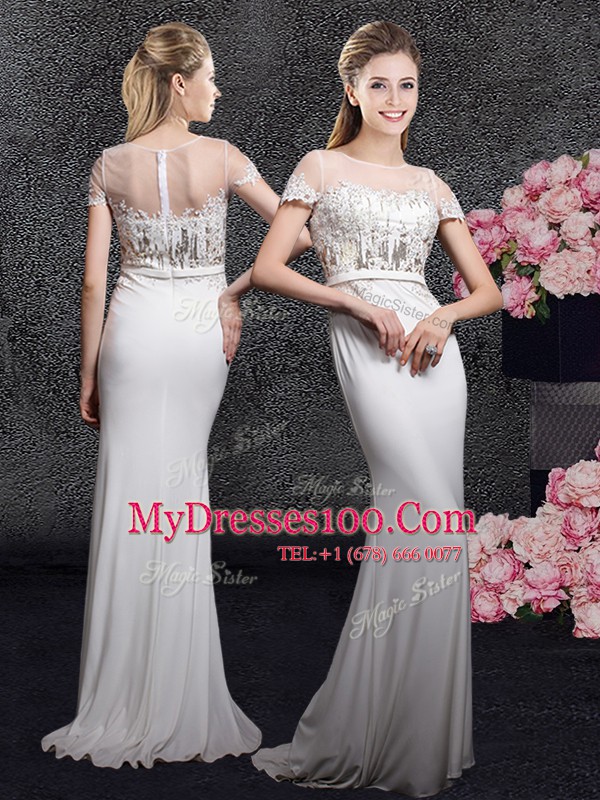 Scoop Elastic Woven Satin Short Sleeves With Train Mother Of The Bride Dress Brush Train and Appliques and Sequins