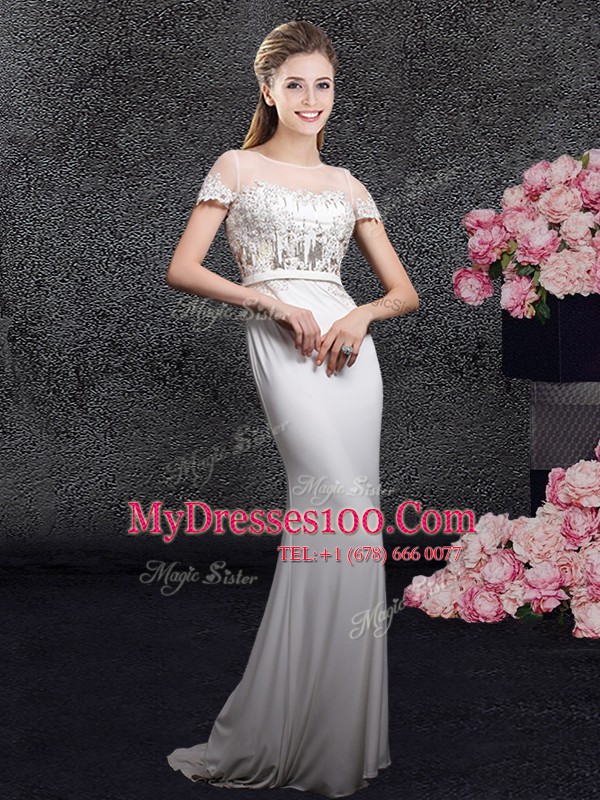 Scoop Elastic Woven Satin Short Sleeves With Train Mother Of The Bride Dress Brush Train and Appliques and Sequins
