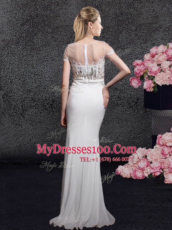 Scoop Elastic Woven Satin Short Sleeves With Train Mother Of The Bride Dress Brush Train and Appliques and Sequins