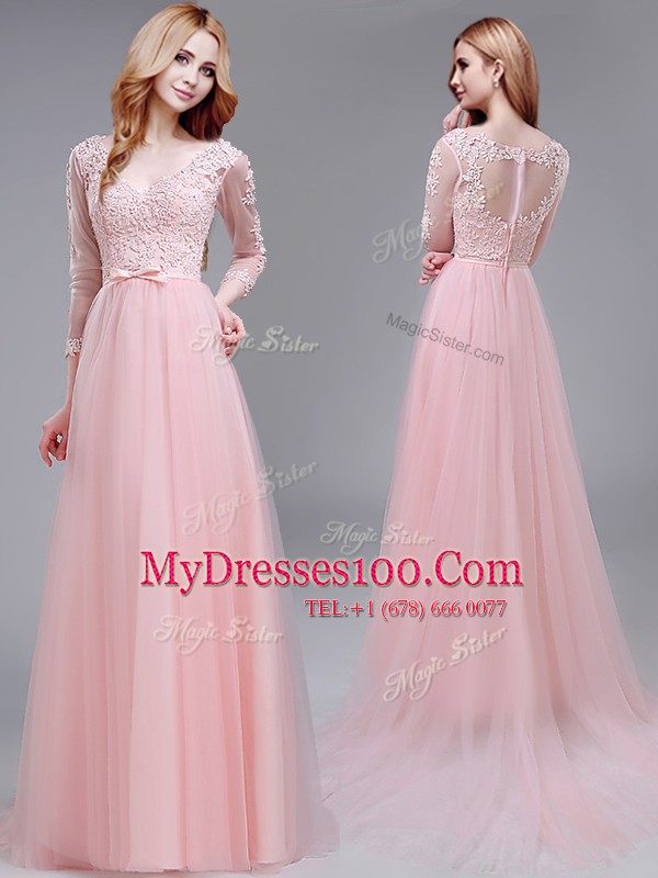 Luxury Baby Pink Tulle Zipper Prom Dresses 3 4 Length Sleeve With Brush Train Lace and Bowknot