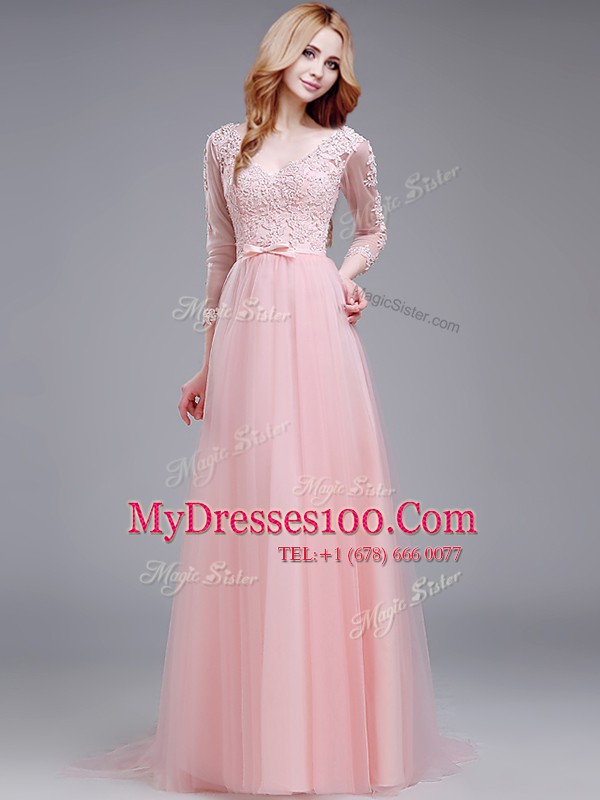 Luxury Baby Pink Tulle Zipper Prom Dresses 3 4 Length Sleeve With Brush Train Lace and Bowknot