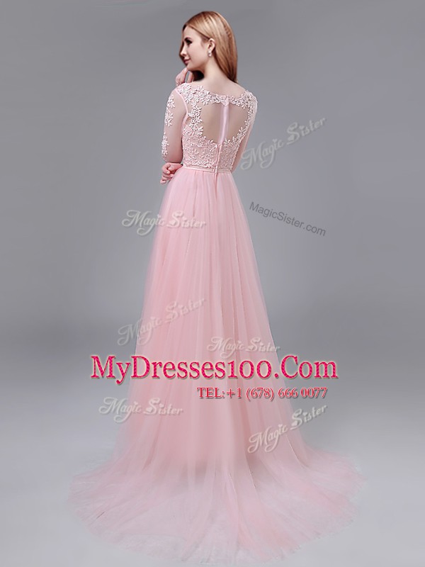 Luxury Baby Pink Tulle Zipper Prom Dresses 3 4 Length Sleeve With Brush Train Lace and Bowknot