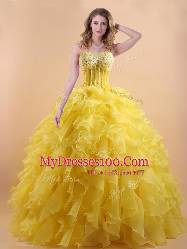 Modest Sleeveless Organza Floor Length Lace Up Quinceanera Gowns in Gold with Appliques and Ruffles