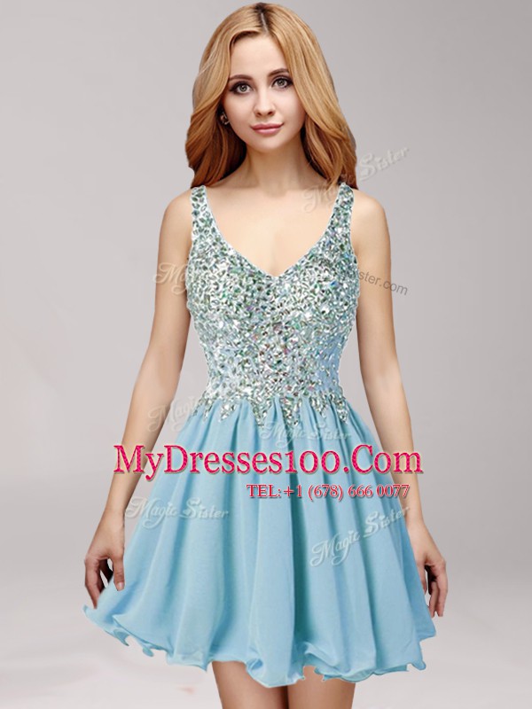 Graceful Light Blue A-line Chiffon Straps Sleeveless Beading and Ruching Mini Length Side Zipper Evening Dresses
