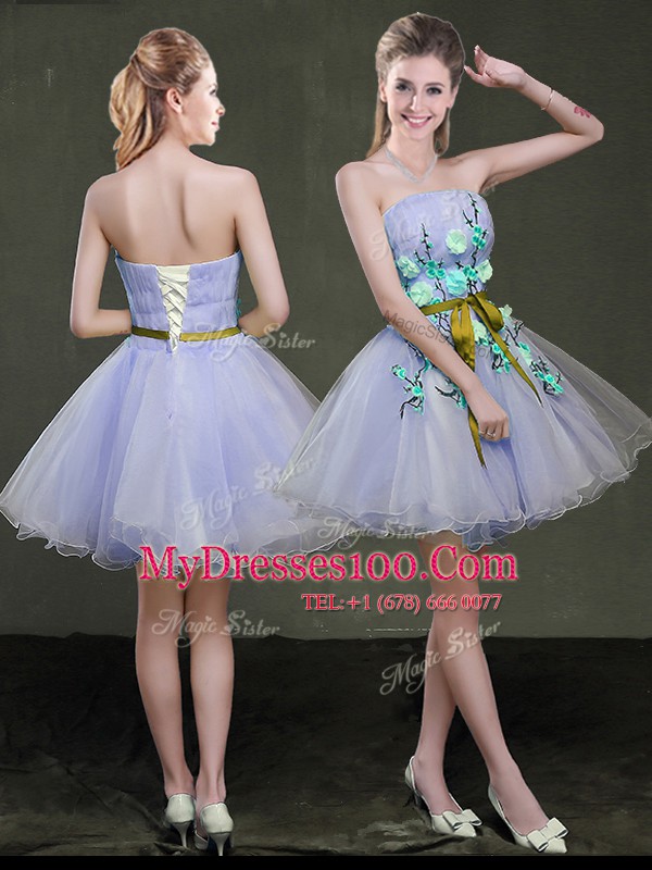 Lavender A-line Appliques and Belt Cocktail Dress Lace Up Organza Sleeveless Mini Length
