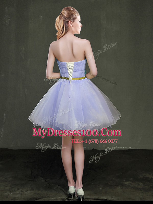 Lavender A-line Appliques and Belt Cocktail Dress Lace Up Organza Sleeveless Mini Length