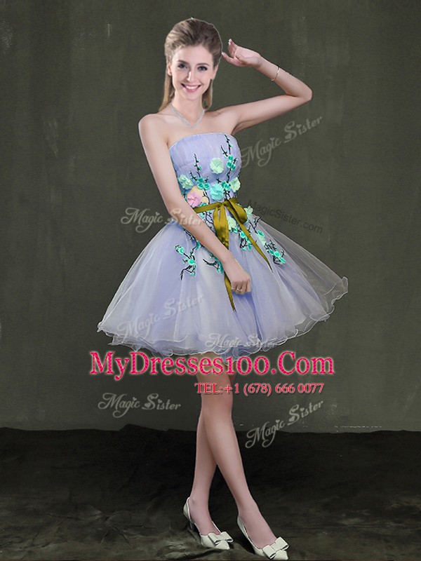 Lavender A-line Appliques and Belt Cocktail Dress Lace Up Organza Sleeveless Mini Length