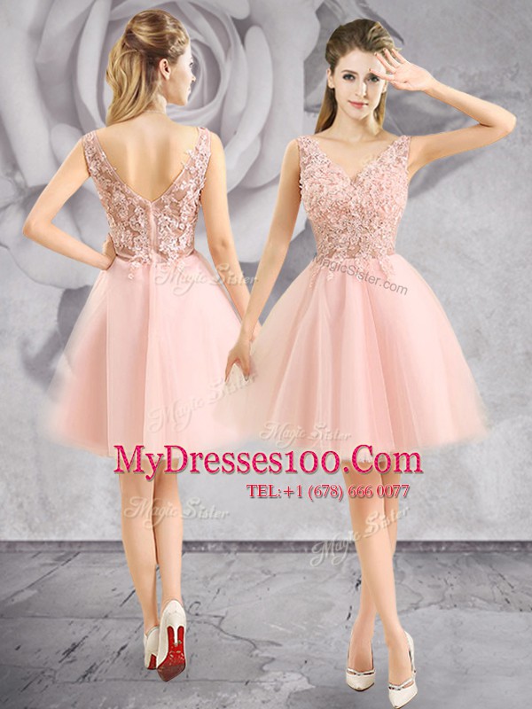 Decent Baby Pink Tulle Zipper Prom Evening Gown Sleeveless Mini Length Appliques