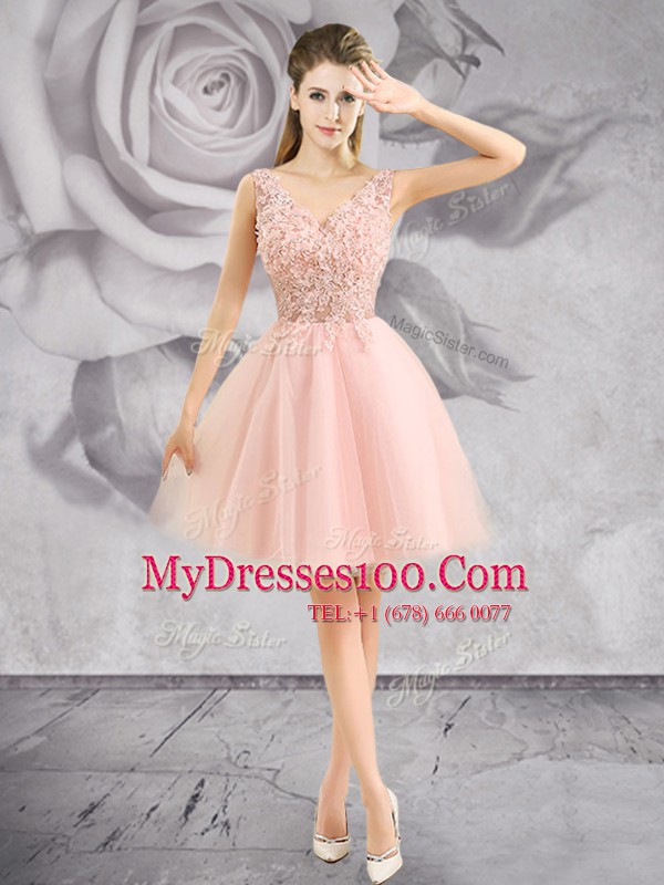 Decent Baby Pink Tulle Zipper Prom Evening Gown Sleeveless Mini Length Appliques