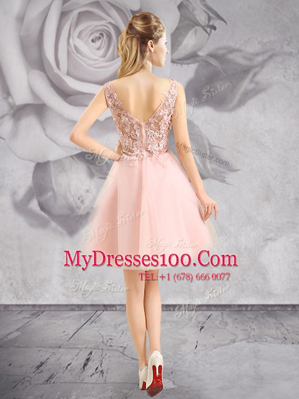 Decent Baby Pink Tulle Zipper Prom Evening Gown Sleeveless Mini Length Appliques