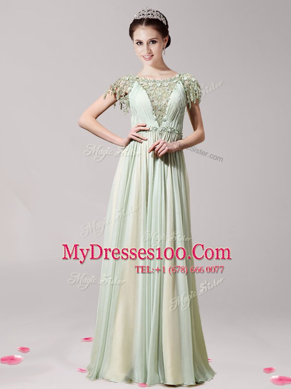 Decent Scoop Short Sleeves Floor Length Appliques Zipper Prom Dresses with Apple Green