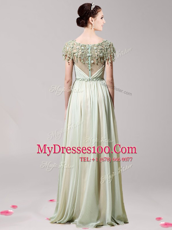 Decent Scoop Short Sleeves Floor Length Appliques Zipper Prom Dresses with Apple Green
