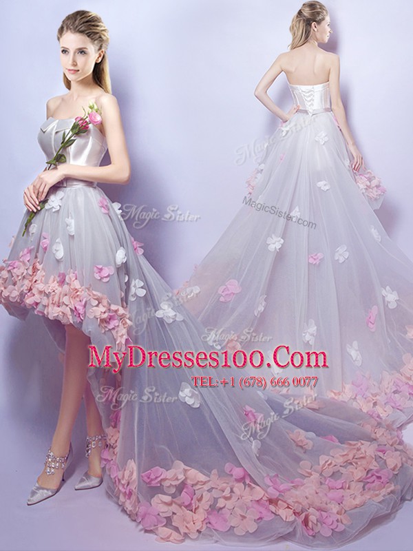 Noble Sleeveless Lace Up High Low Appliques Ball Gown Prom Dress