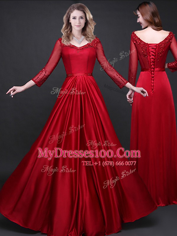 Floor Length Wine Red Prom Gown Elastic Woven Satin Long Sleeves Appliques and Belt
