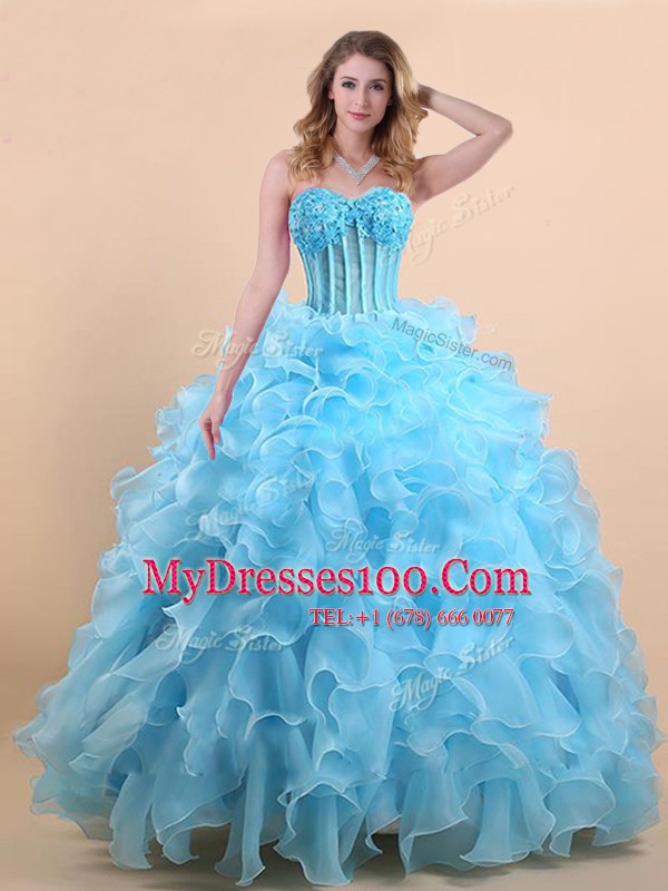 Organza Sweetheart Sleeveless Lace Up Appliques and Ruffles Ball Gown Prom Dress in Light Blue