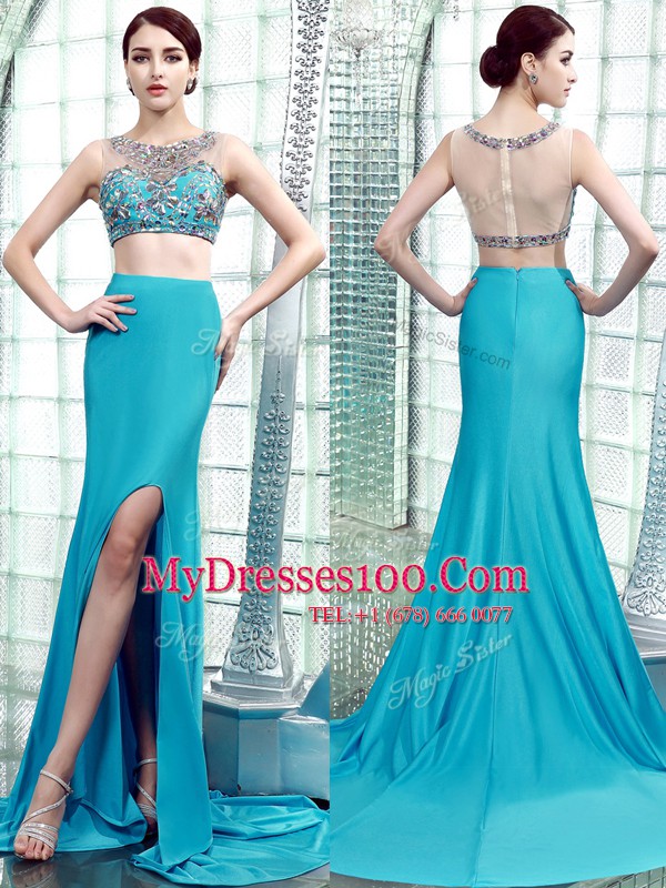 Designer Scoop Sleeveless Brush Train Zipper Aqua Blue Elastic Woven Satin