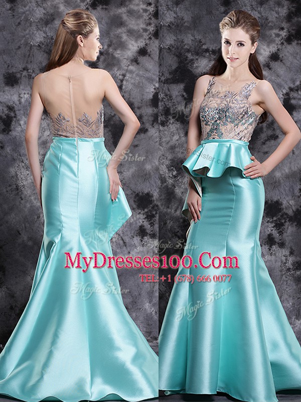 Custom Designed Mermaid Scoop Sleeveless Satin Brush Train Zipper Dress for Prom in Aqua Blue with Appliques