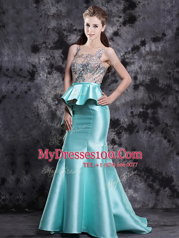 Custom Designed Mermaid Scoop Sleeveless Satin Brush Train Zipper Dress for Prom in Aqua Blue with Appliques